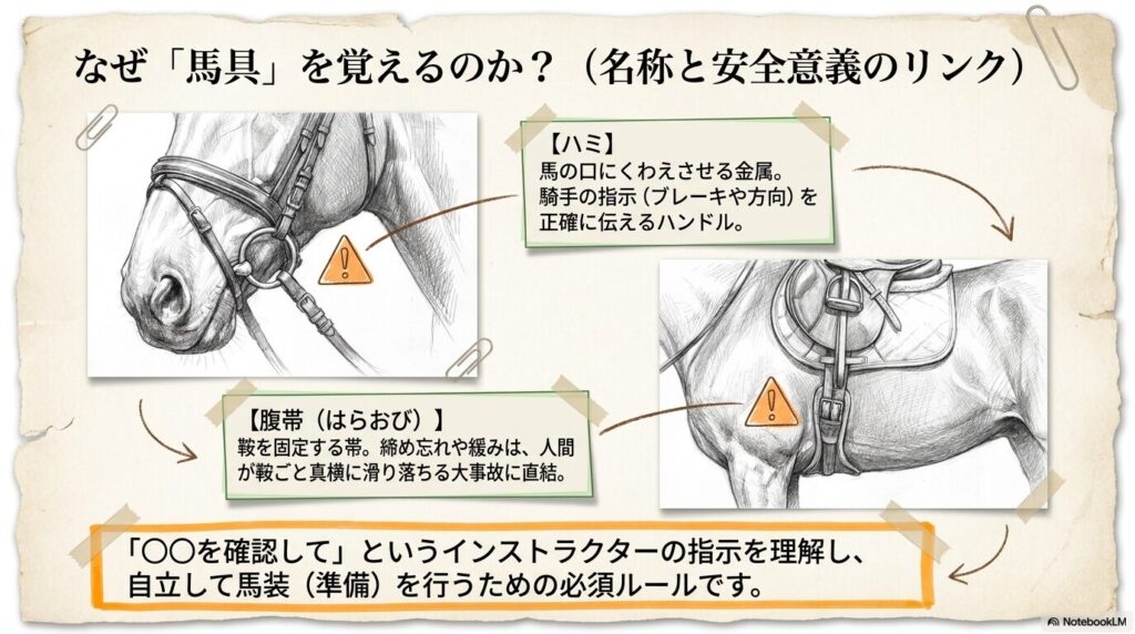 ハミや腹帯など、馬具の装着に関する安全上の注意点を示したイラスト