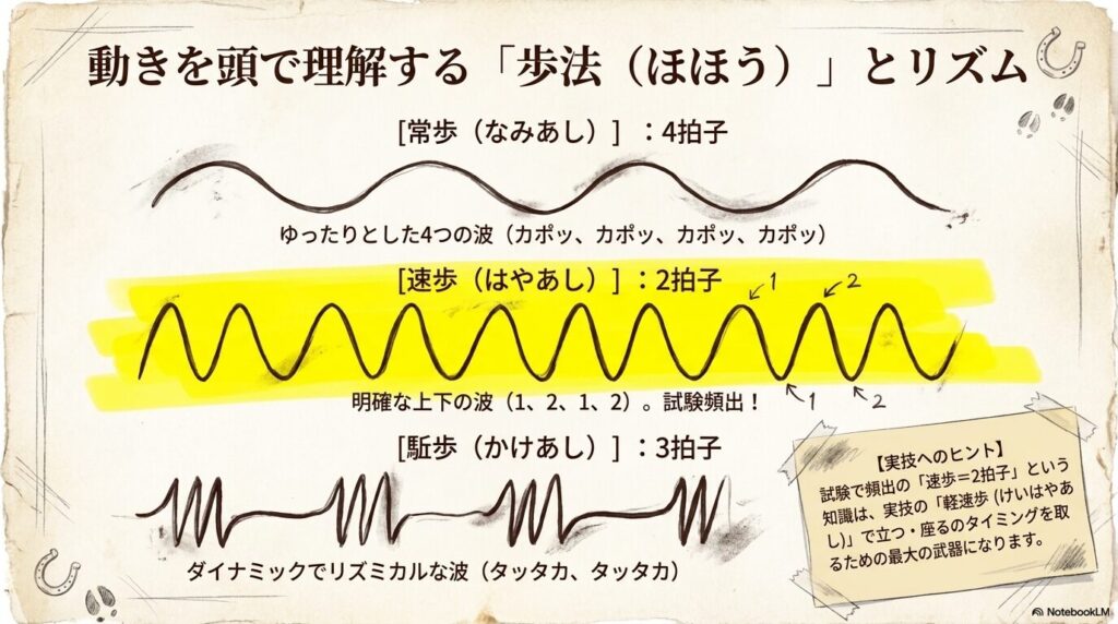 常歩、速歩、駈歩のリズムと拍子を解説した歩法の図