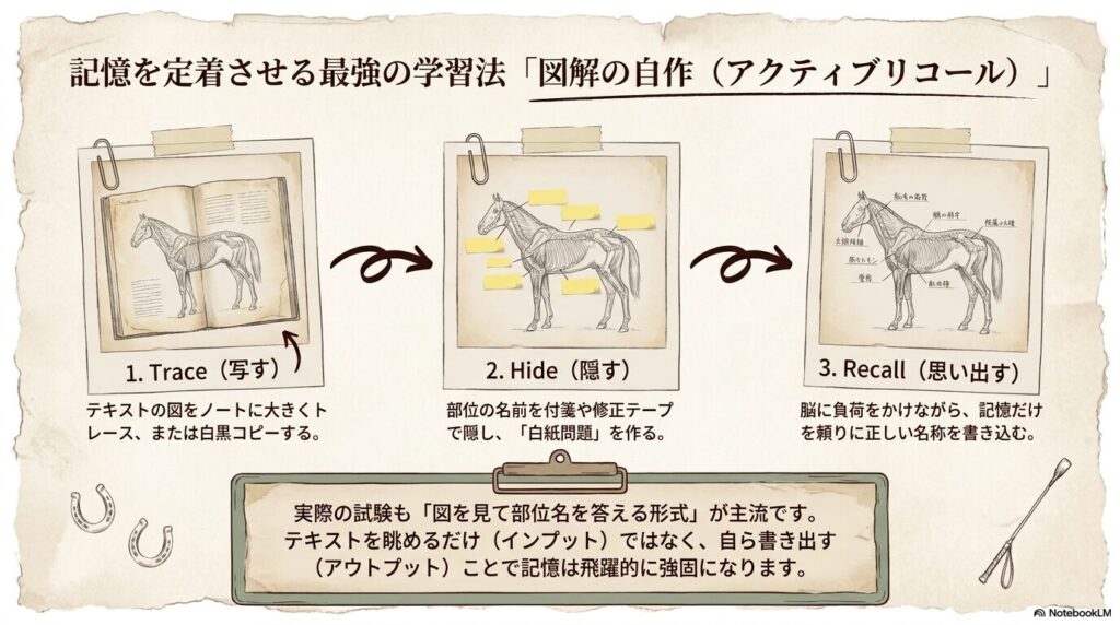 テキストの図解をトレースし、付箋で隠して思い出すアクティブリコール学習法の解説