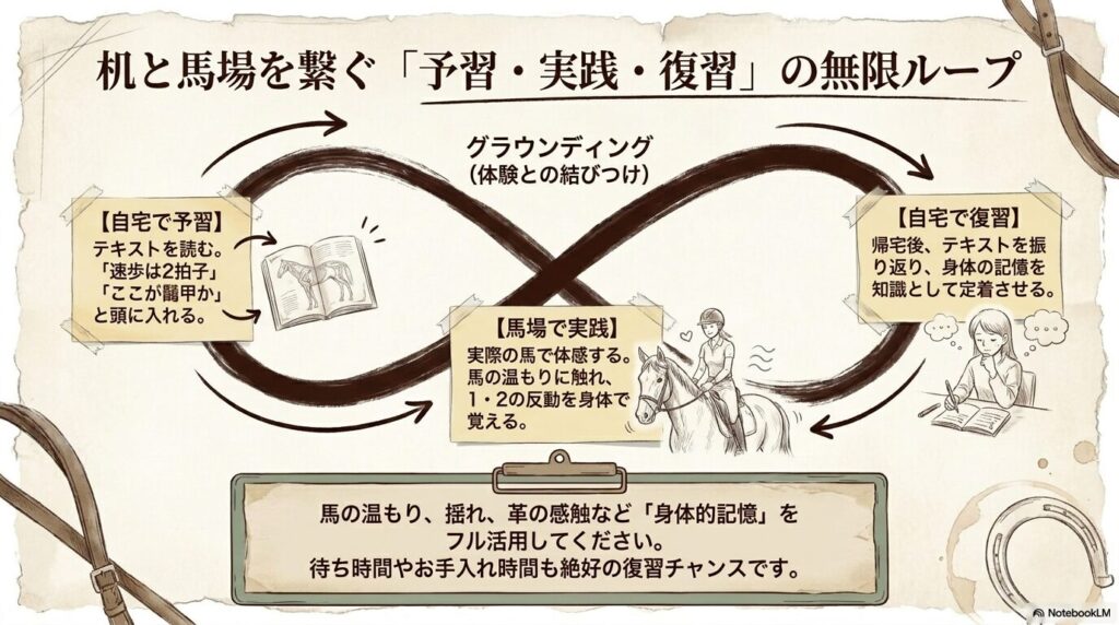 自宅での予習、馬場での実践、そして帰宅後の復習という乗馬学習の無限ループを示す図