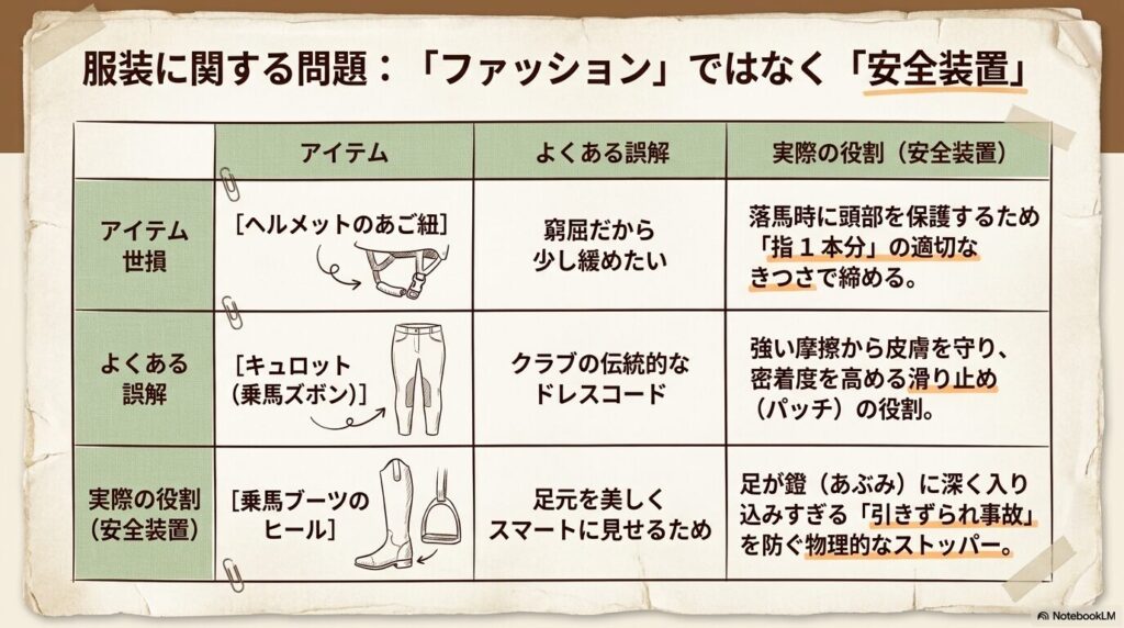 乗馬用ヘルメット、キュロット、ブーツのヒールが持つ安全装置としての役割をまとめた表