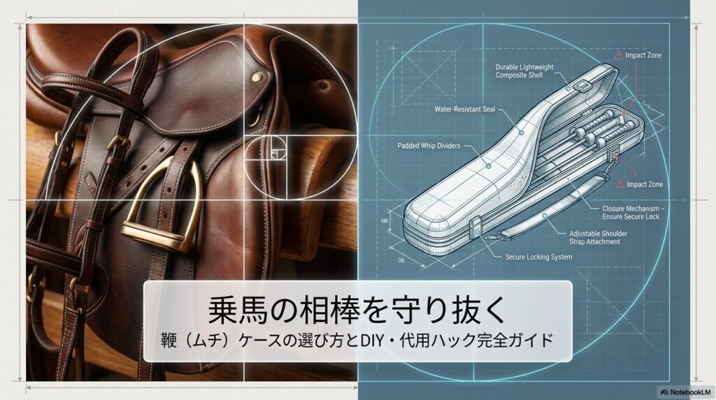 乗馬用鞭ケースの設計図と本革サドルのイメージ画像