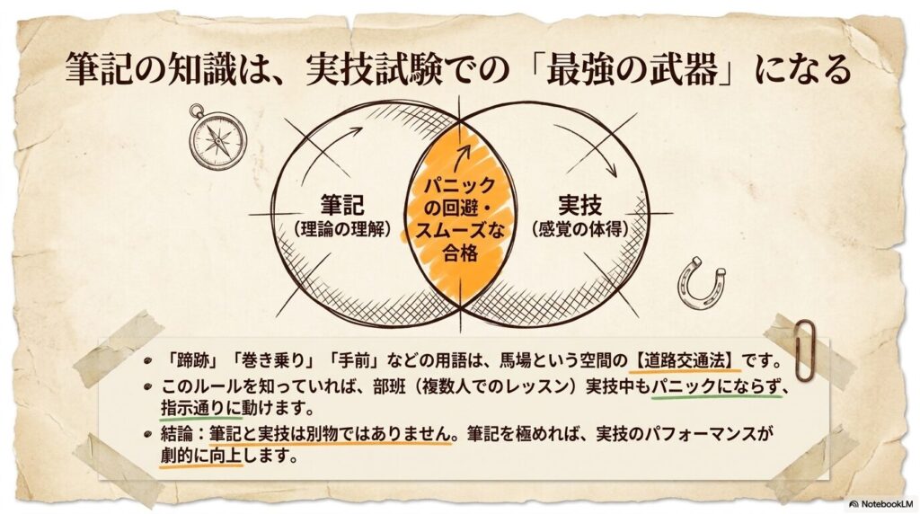 筆記の理論理解と実技の感覚体得が重なり合い、パニックを回避してスムーズな合格に繋がることを示すベン図