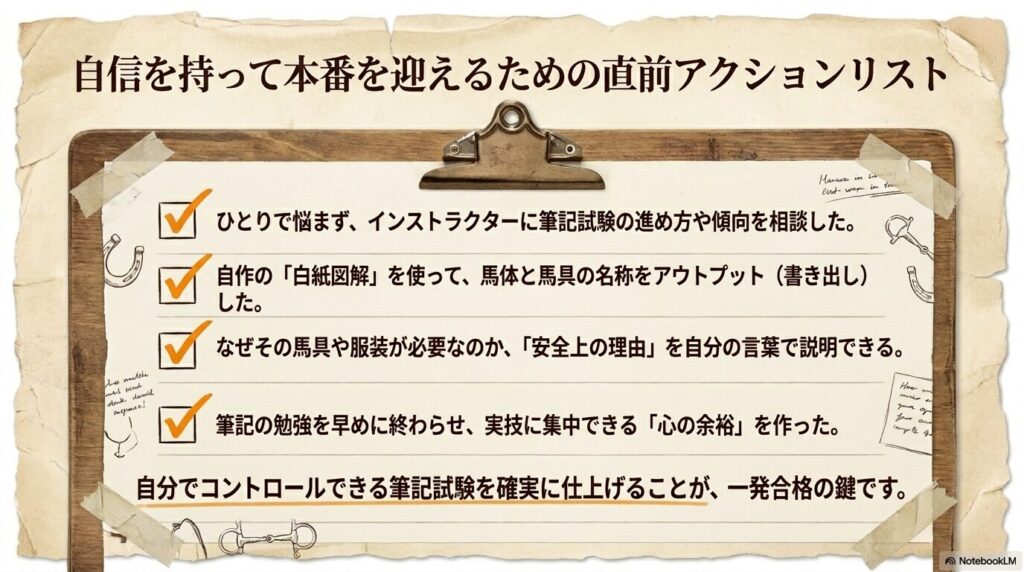 インストラクターへの相談や白紙図解の活用など、乗馬5級試験直前のアクションリスト