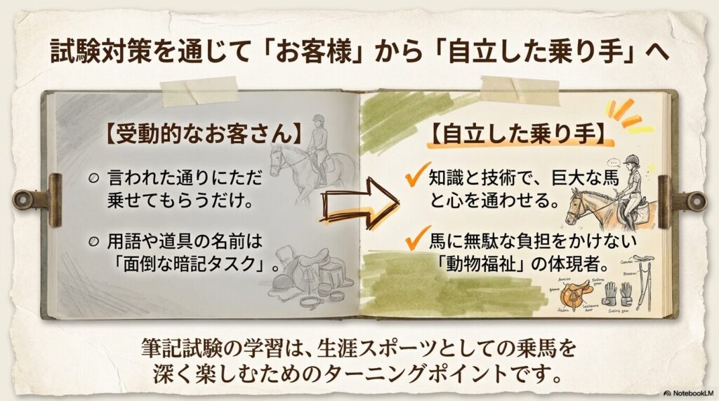 受動的なお客さんから、知識と技術で馬と心を通わせる自立した乗り手へと成長するプロセスの図解
