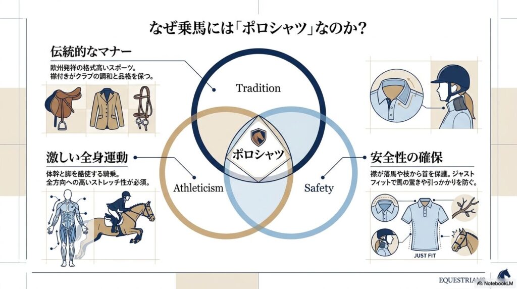 乗馬におけるポロシャツの着用メリットと安全性を示す図解