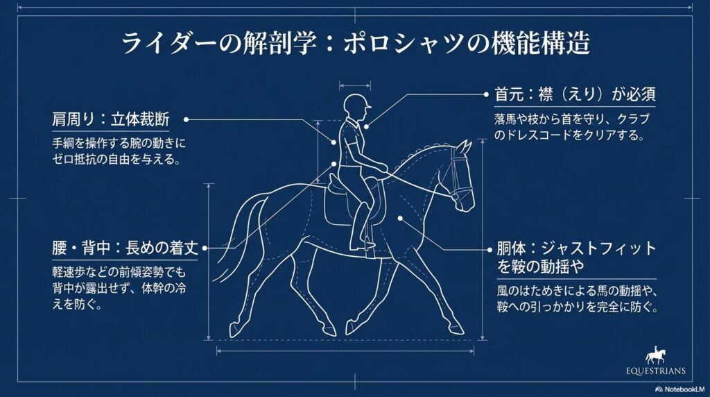 手綱操作や騎乗姿勢をサポートするポロシャツの機能構造