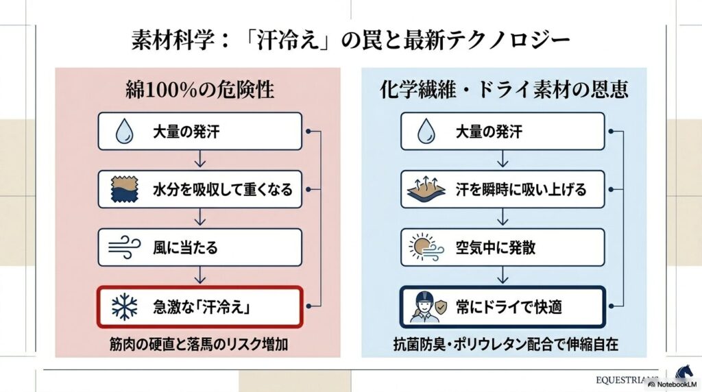綿100%による汗冷えのリスクと化学繊維のドライ機能の比較