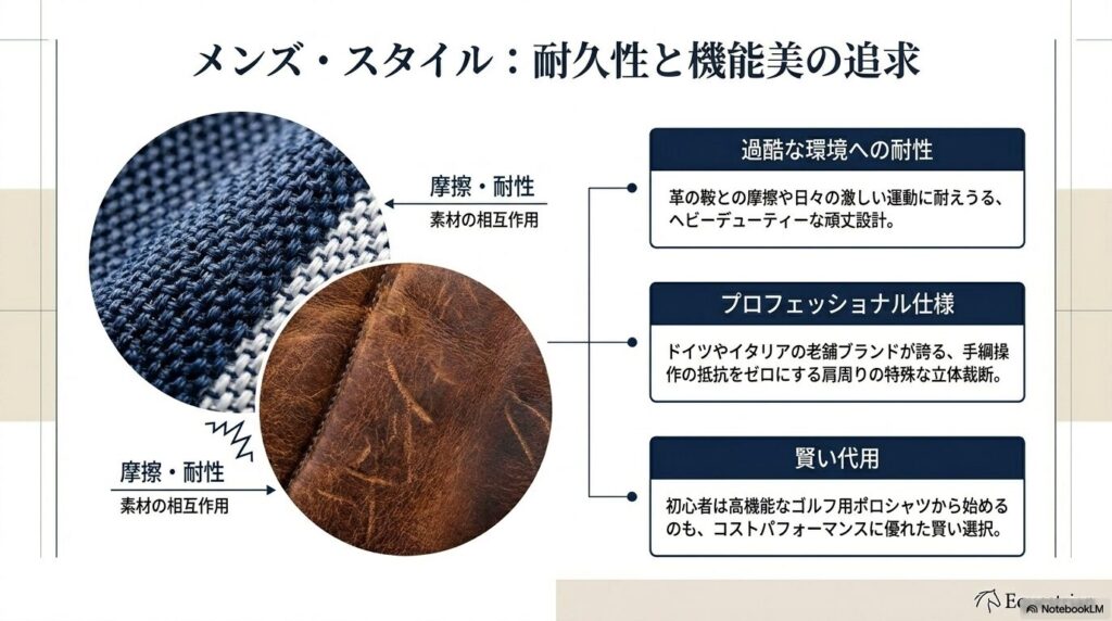 過酷な環境や摩擦に耐えうる頑丈なメンズ用乗馬ポロシャツ