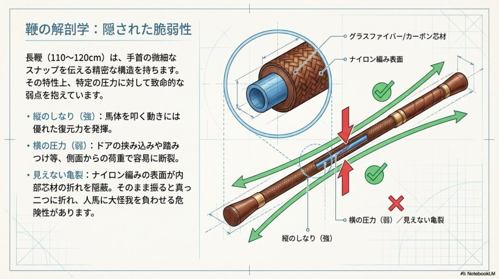グラスファイバー芯材とナイロン編み表面を持つ乗馬用長鞭の構造と横からの圧力に対する脆弱性の図解