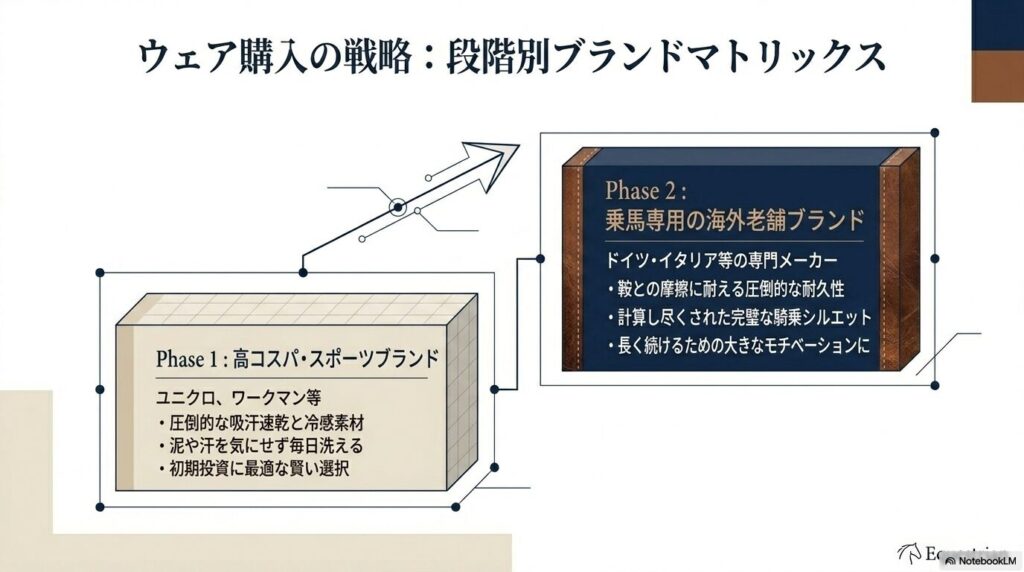 スポーツブランドから乗馬専門ブランドへのステップアップを示す図