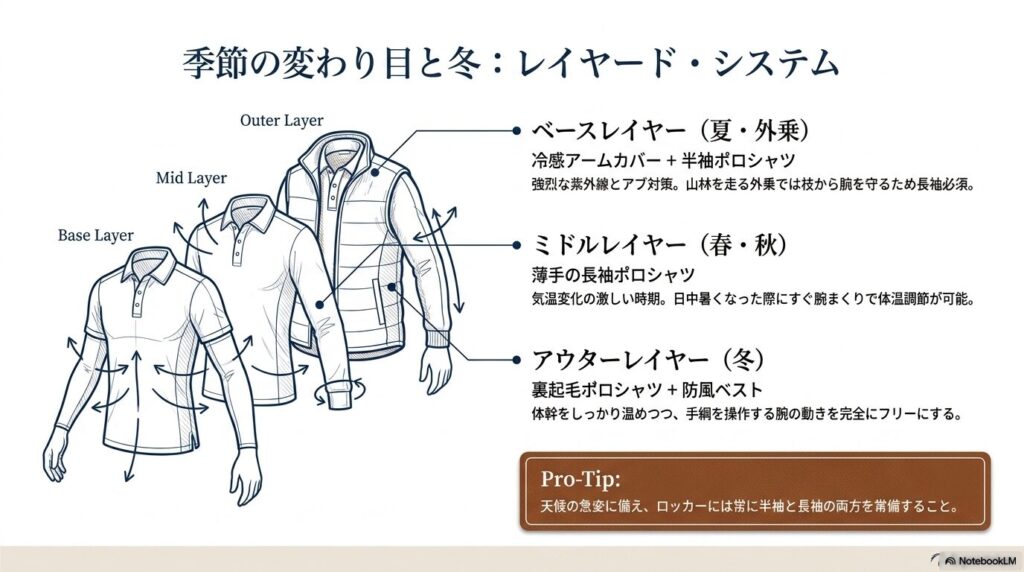 季節の変化に対応する乗馬のレイヤード（重ね着）システム