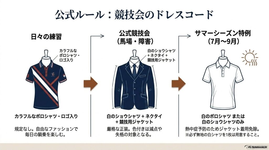 練習用ポロシャツと公式競技会用の正装の比較