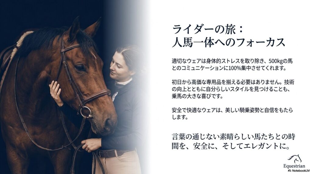適切なウェアを身につけ、馬とのコミュニケーションに集中するライダー