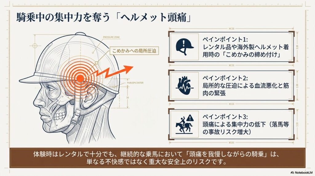 欧米製乗馬ヘルメット着用時に起きるこめかみの圧迫とヘルメット頭痛のメカニズム
