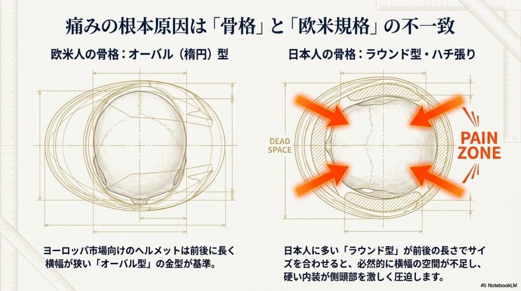 欧米人のオーバル型骨格と日本人のラウンド型骨格におけるヘルメット形状の不一致