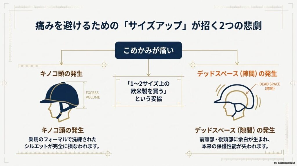 サイズアップによるキノコ頭の発生とヘルメット内部のデッドスペース（隙間）
