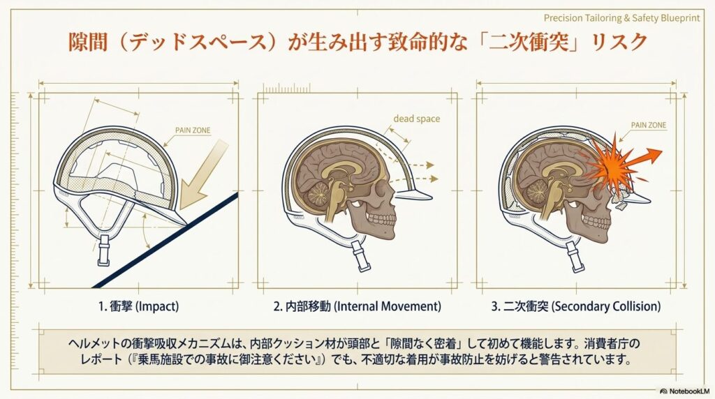 乗馬ヘルメット内部の隙間が生み出す二次衝突リスクと衝撃吸収メカニズム