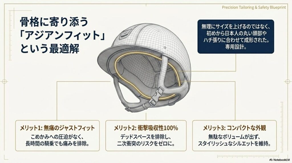 日本人の骨格に寄り添い痛みを排除するアジアンフィット乗馬ヘルメット