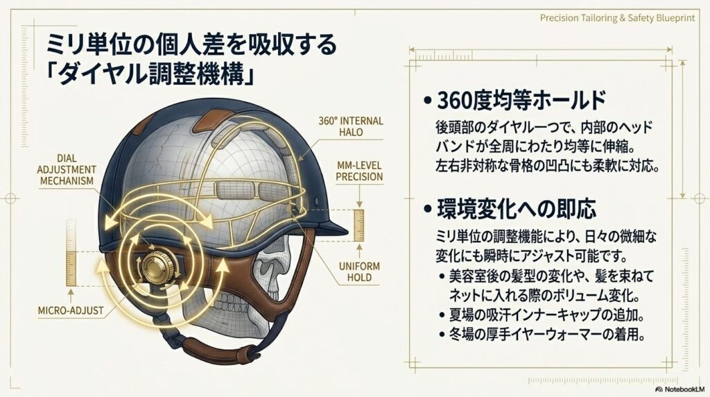 ミリ単位でフィット感を微調整できる乗馬ヘルメットのダイヤル調整機構