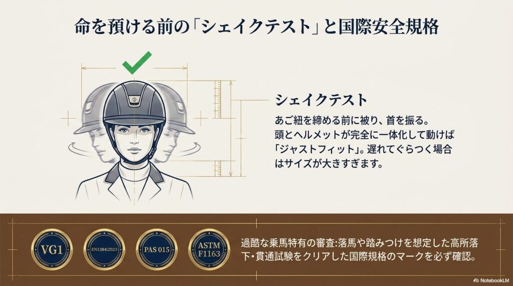 乗馬ヘルメットのフィット感を確認するシェイクテストと確認すべき国際安全規格