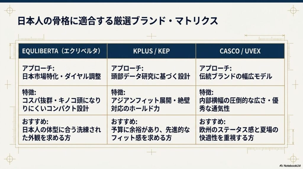 日本人の頭の形に合う乗馬ヘルメット厳選ブランドの比較マトリクス