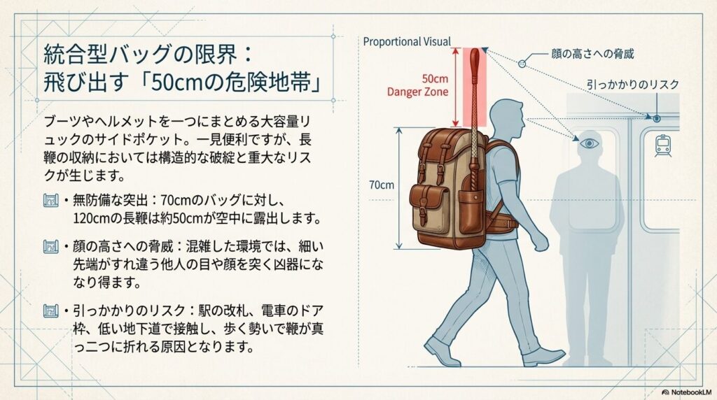乗馬用ブーツバッグに120cmの長鞭を収納した際に上部50cmが露出し、周囲への引っかかりや顔の高さへの脅威となるリスク図解