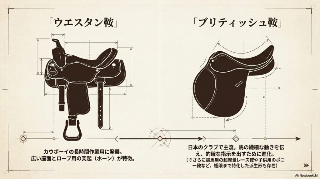 カウボーイ由来のウエスタン鞍と日本で主流のブリティッシュ鞍の形状比較