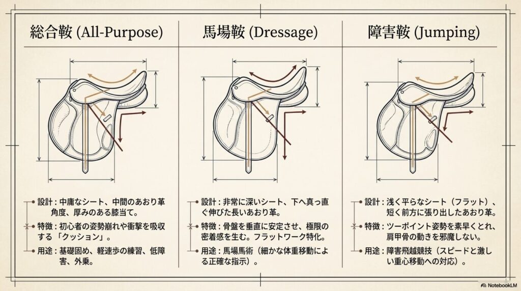 ブリティッシュ乗馬における総合鞍・馬場鞍・障害鞍の形状と設計の比較図
