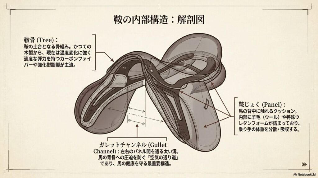 乗馬の鞍の内部構造である鞍骨（ツリー）と馬の背中を守るガレットチャンネルの図解