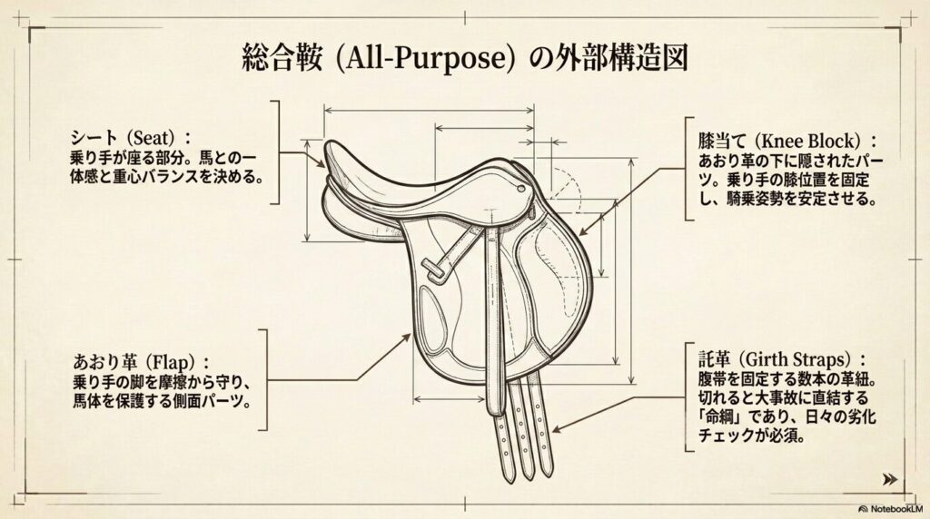 乗馬の鞍の外部パーツ（シート・あおり革・膝当て・託革）の名称と役割
