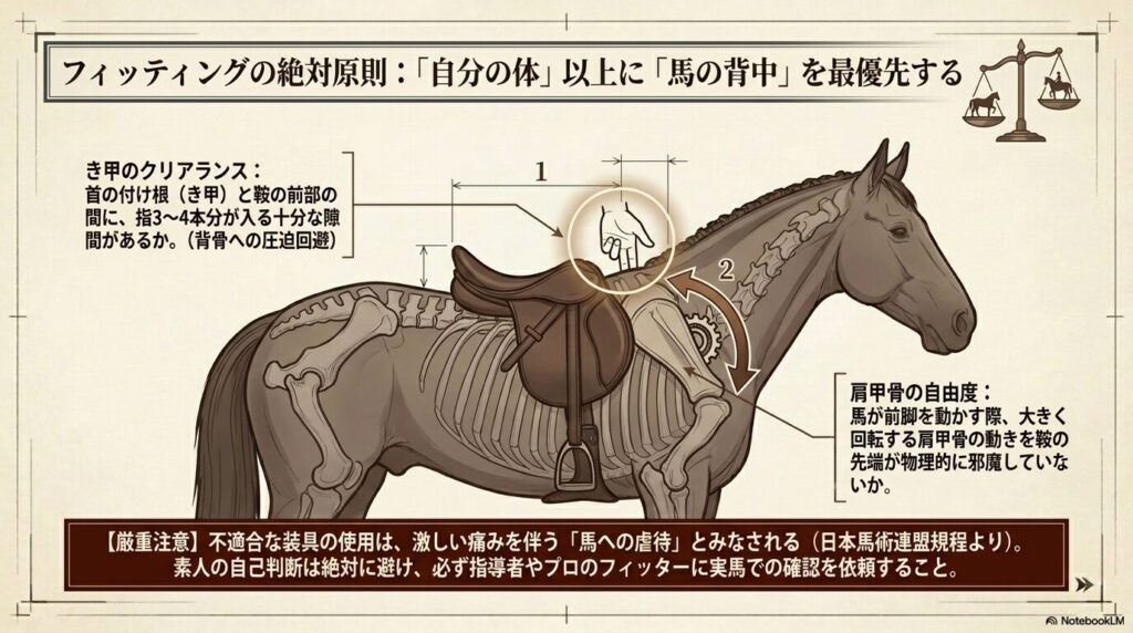 乗馬の鞍の正しいフィッティング基準となるき甲のクリアランスと肩甲骨の自由度