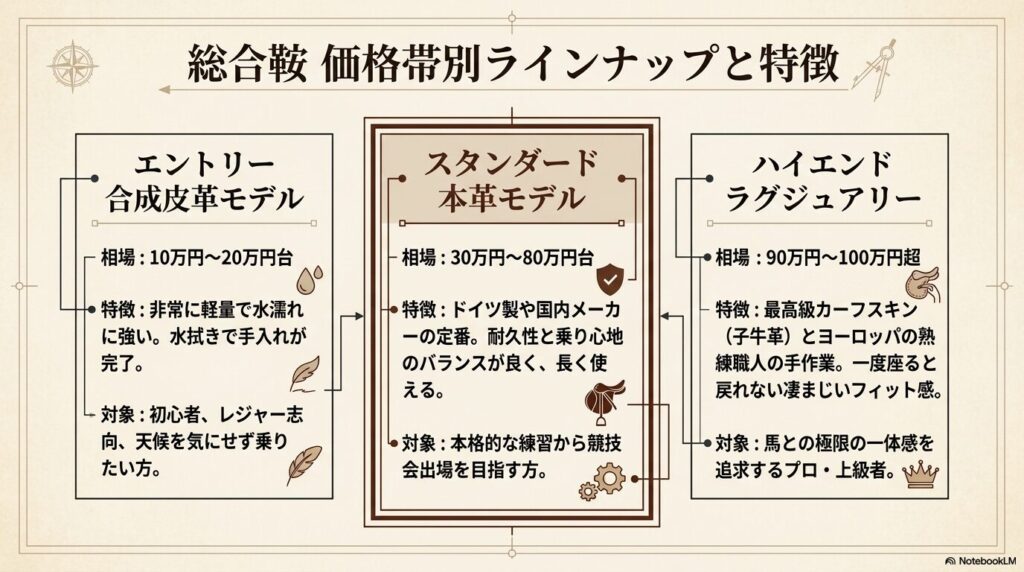 乗馬の鞍の価格帯別ラインナップである合成皮革・スタンダード本革・ハイエンドモデルの比較