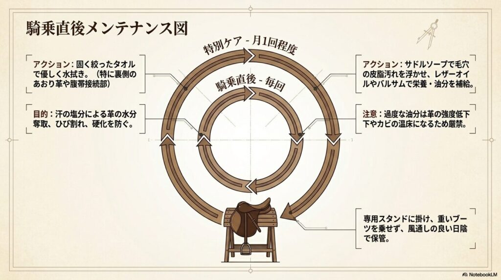 乗馬の鞍を長持ちさせるための騎乗直後の水拭きと月1回の保革メンテナンスサイクル