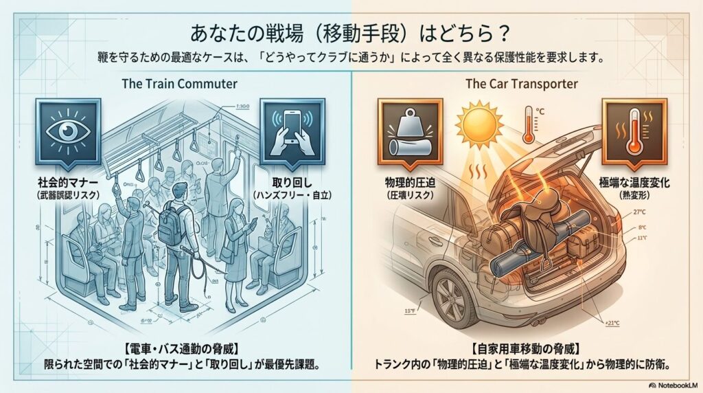 電車移動での社会的マナーと車移動での物理的圧迫・熱変形リスクを比較した乗馬用鞭の運搬環境イラスト