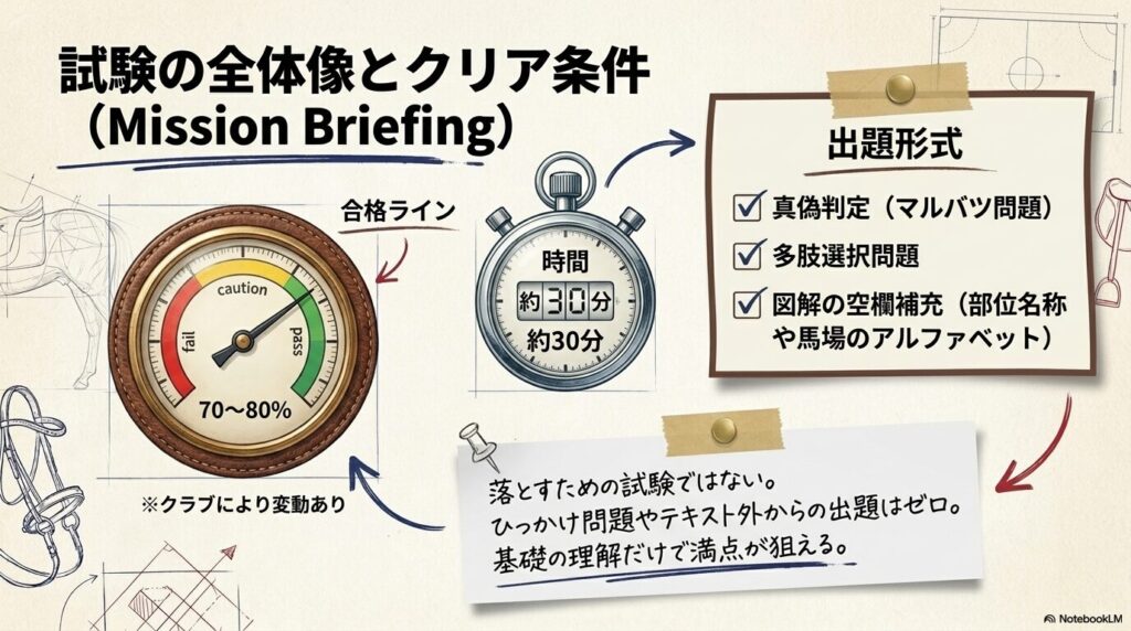 乗馬4級筆記試験の合格ライン70〜80%を示すメーターと出題形式