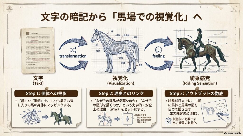 馬体の図を自力で描き出す視覚化と出力練習のイメージ