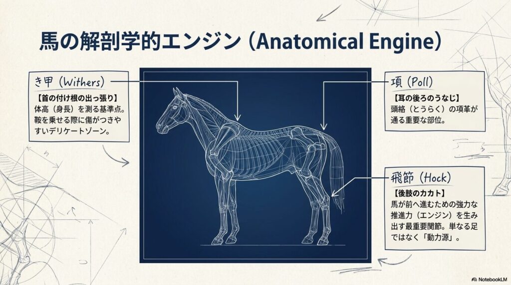 き甲、項、飛節など馬の解剖学的なエンジンを示す骨格構造図