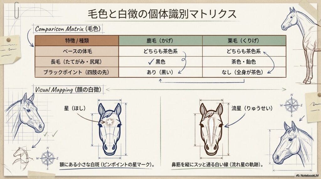 鹿毛と栗毛の違いや星・流星などの顔の白徴を示す個体識別マトリクス