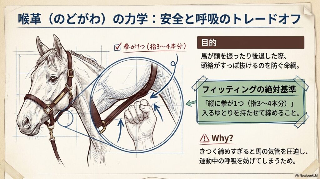 頭絡の喉革に拳1つ分のゆとりを持たせる安全なフィッティング方法