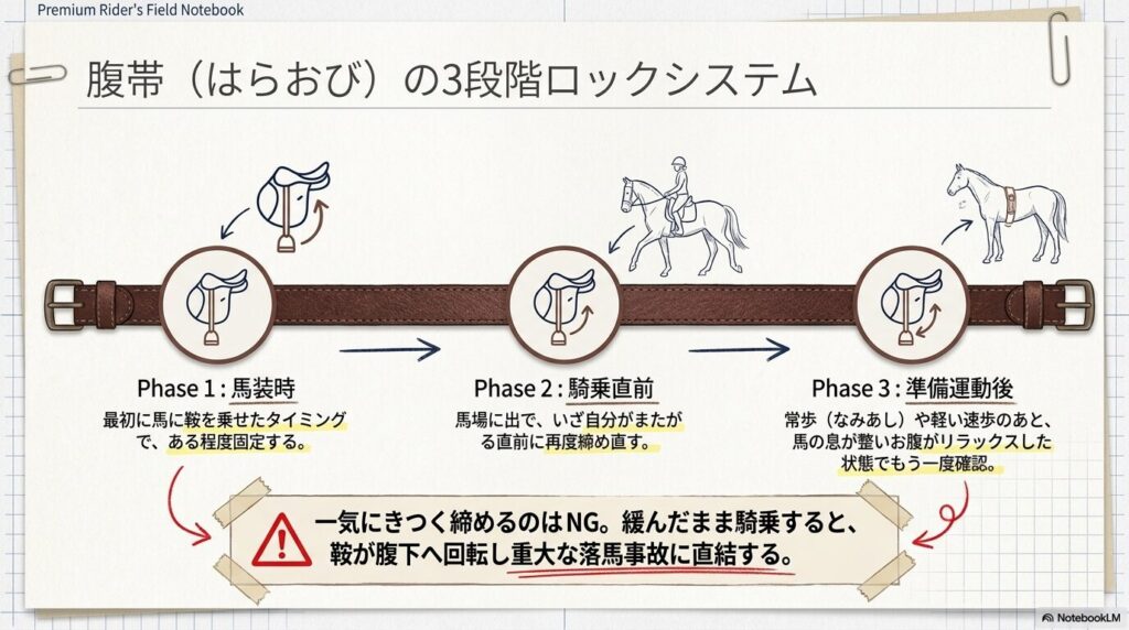 落馬事故を防ぐための腹帯の3段階ロックシステムと確認手順