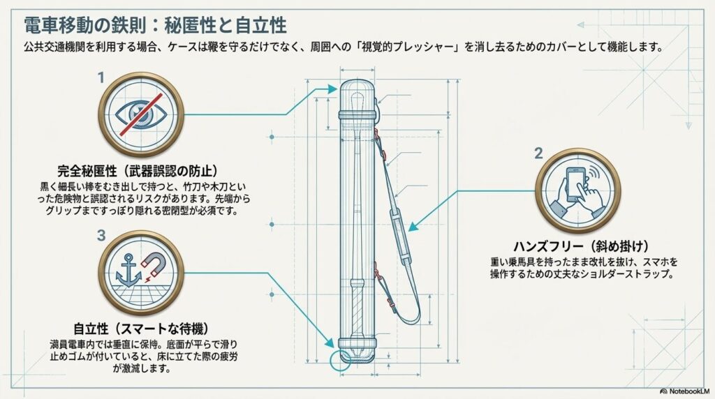 完全秘匿性による武器誤認防止や自立性など、電車で乗馬用鞭を持ち運ぶ際に必要なケースの機能図解