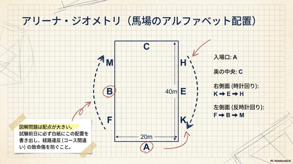 乗馬4級実技で必須となる20m×40m馬場のアルファベット配置図（アリーナ・ジオメトリ）