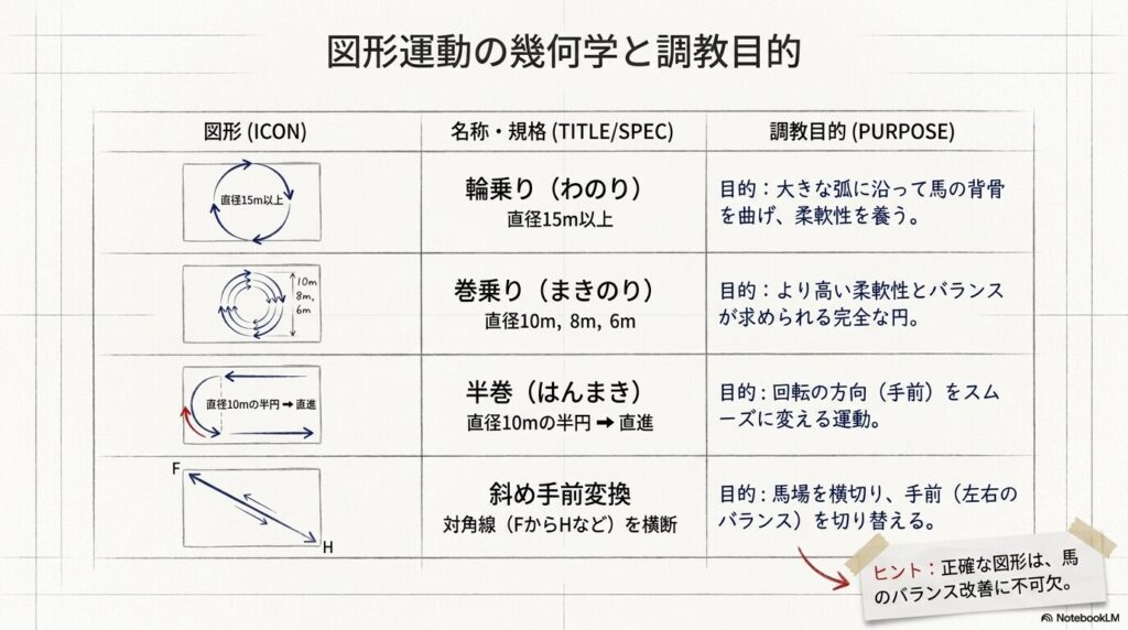 輪乗り、巻乗り、半巻、斜め手前変換などの図形運動の幾何学と調教目的