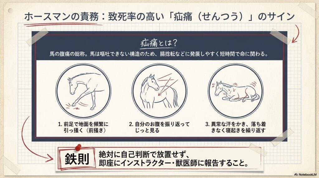 前掻きや異常な発汗など、致死率の高い疝痛（せんつう）のサインを示す馬のイラスト