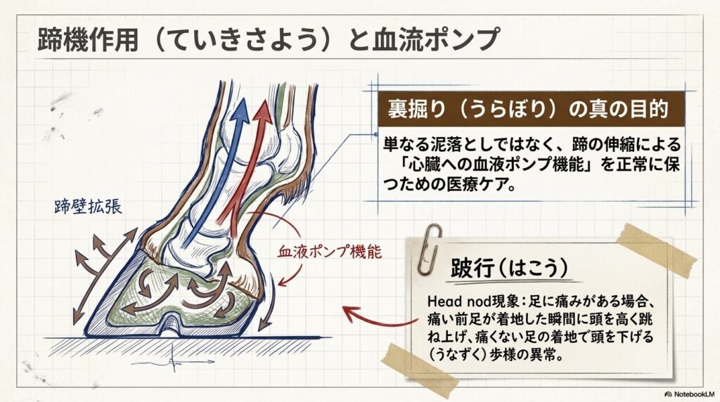 蹄の蹄壁拡張による血流ポンプ機能（蹄機作用）を示す断面図