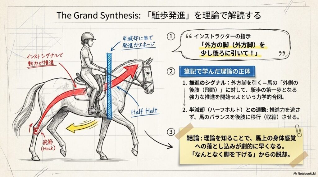 半減却と外方脚の引きによる駈歩発進のメカニズムを示す図解