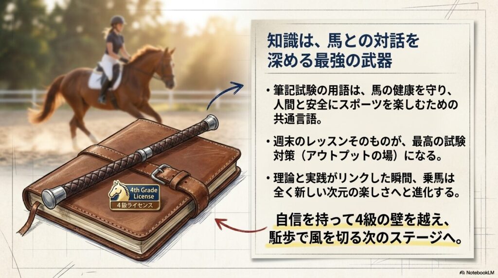 乗馬4級ライセンスのテキストと鞭、そして奥で駈歩をする人馬の情景