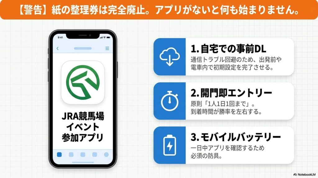 紙の整理券廃止に伴い必須となるJRA競馬場イベント参加アプリのスマートフォン画面
