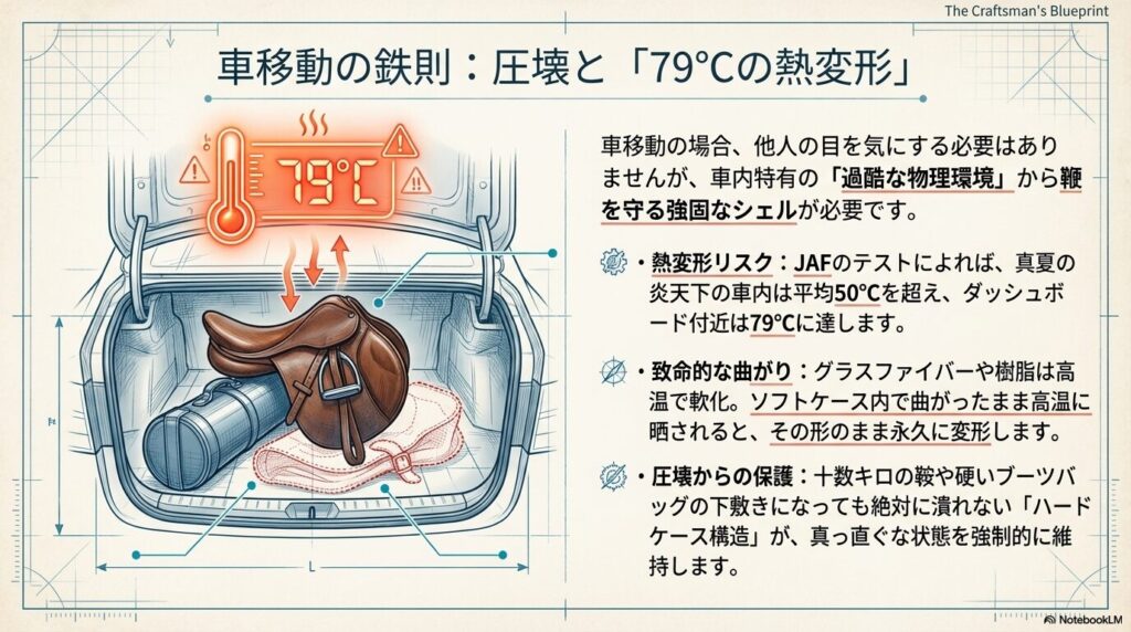 真夏の車内における79度の熱変形リスクとトランク内での物理的圧迫による乗馬用鞭の破損リスク図解